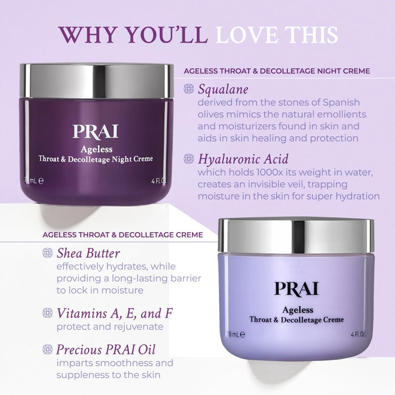 PRAI مجموعة كريم الرقبة النهاري والليلي من PRAI Beauty | 1 كريم نهاري للرقبة والصدر و1 كريم ليلي للرقبة والصدر | مجموعة كريم شد البشرة لرقبة خالية من العمر على الفور | 4.0 أونصة لكل منهما - Image 3
